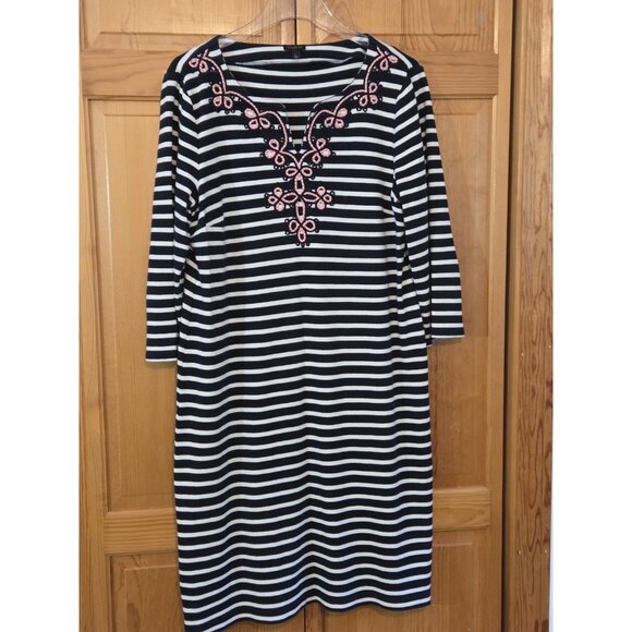 Talbots Dress Size Large Blue Striped Embroidered Coastal Preppy Resort V-Neck‎ - Picture 2 of 11